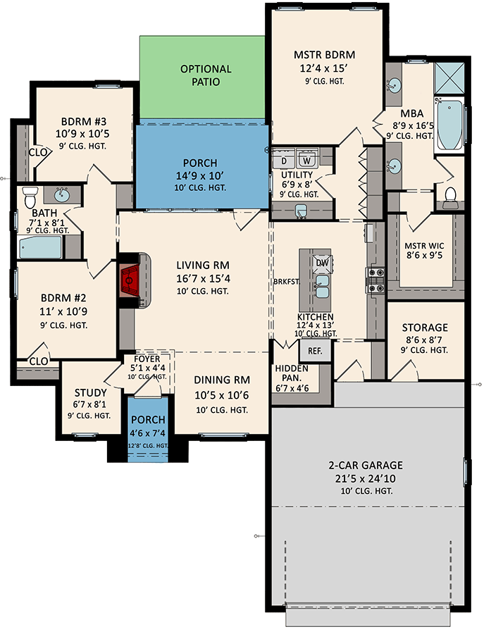 Plan 510252WDY: One-Story Acadian House Plan with Split Bedrooms - 1628 Sq Ft - Floor Plan - Main Level - Acadian, Southern