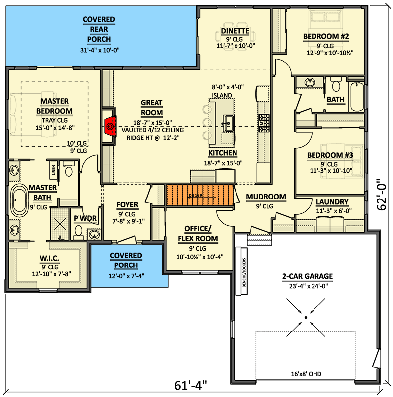Plan 911048JVD: One-Story New American Ranch House Plan with Office or Flex Room - 2095 Sq Ft - Floor Plan - Main Level - Craftsman, New American, Ranch, Traditional, Transitional