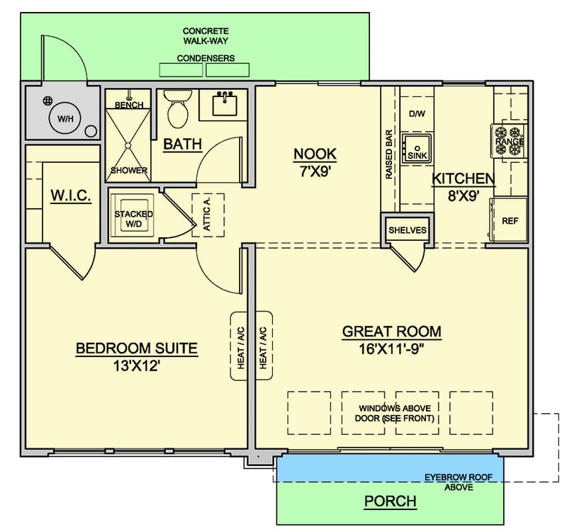 Plan 370046SEN: 1-Bed Adobe ADU House Plan with Breakfast Nook - 660 Sq Ft - Floor Plan - Main Level - Adobe