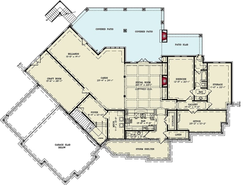 Plan 25837GE: Single-Story New American Craftsman with Angled Garage - 6387 Sq Ft - Floor Plan - Lower Level - Craftsman, Mountain, New American, Ranch