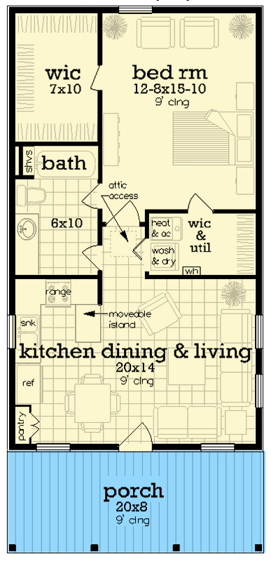 Plan 55238BR: 1-Bed New Orleans-Style House Plan with Large Front Porch - 700 Sq Ft - Floor Plan - Main Level - New Orleans