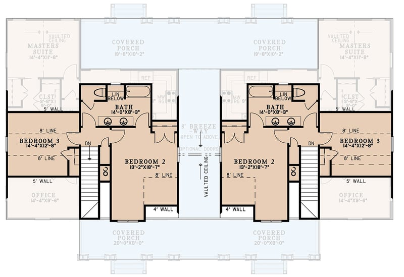 Plan 70902MK: Two-Story Rustic Duplex House Plan with Wrap-Around Porch - 1810 Sq Ft Per Unit - Floor Plan - 2nd Floor - Country, Mountain, Rustic