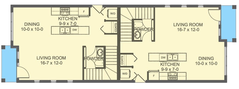 Plan 67834MG: Two-Story Contemporary Duplex House Plan Perfect for Narrow Lot - 1106 Sq Ft Per Unit - Floor Plan - Main Level - Contemporary, Traditional