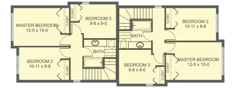 Plan 67834MG: Two-Story Contemporary Duplex House Plan Perfect for Narrow Lot - 1106 Sq Ft Per Unit - Floor Plan - 2nd Floor - Contemporary, Traditional