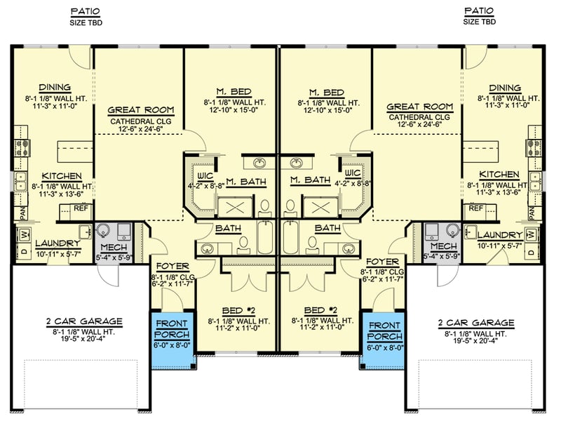Plan 135311GRA: Duplex House Plan with 2-Bedroom Units - 1381 Sq Ft Per Unit - Floor Plan - Main Level - Craftsman, Ranch, Traditional
