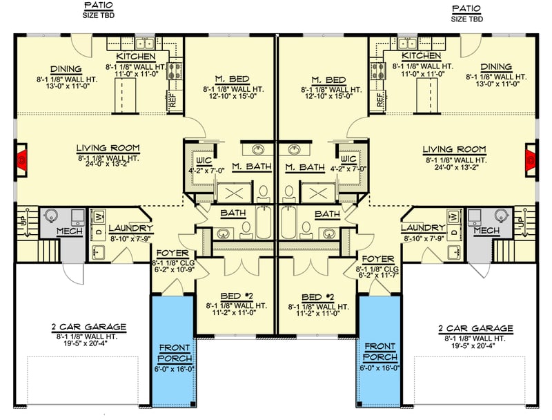 Plan 135313GRA: Two-Story Duplex House Plan with Matching 3-Bedroom Units - 1140 Sq Ft Per Unit - Floor Plan - Main Level - Ranch, Traditional