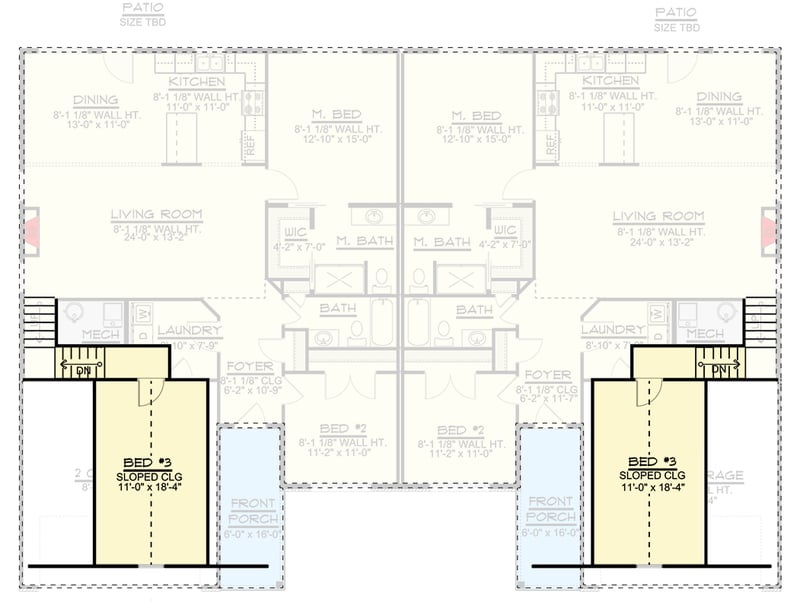 Plan 135313GRA: Two-Story Duplex House Plan with Matching 3-Bedroom Units - 1140 Sq Ft Per Unit - Floor Plan - 2nd Floor - Ranch, Traditional