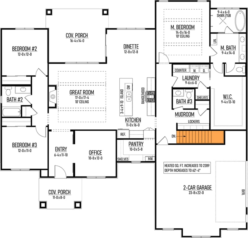 Plan 310005GLH: 3-Bed Contemporary Ranch House Plan with Home Office - 2223 Sq Ft - Floor Plan - Basement Stairs Location - Contemporary, Ranch