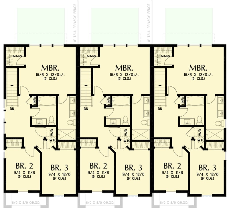Plan 69889AM: Two-Story Contemporary Triplex House Plan with 3-Bedrooms - 1349 Sq Ft Per Unit - Floor Plan - 2nd Floor - Contemporary