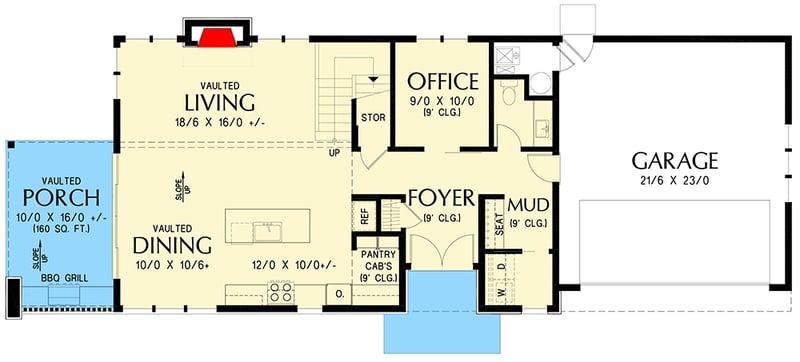 Plan 69896AM: Two-Story Contemporary House Plan with Outdoor Kitchen - 2057 Sq Ft - Floor Plan - Main Level - Contemporary, Mid Century Modern