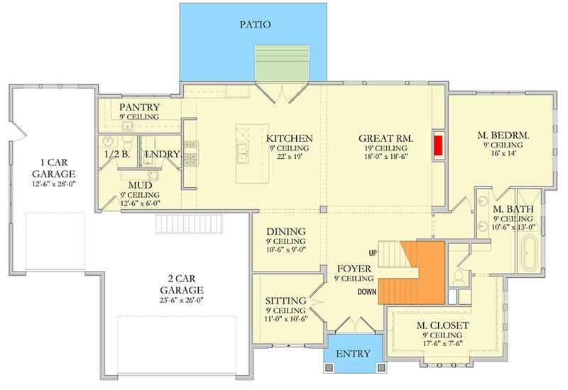 Plan 490120NAH: 5 or 6 Bedroom Transitional House Plan with Two-Story Great Room - 4048 Sq Ft - Floor Plan - Main Level - Modern, Transitional