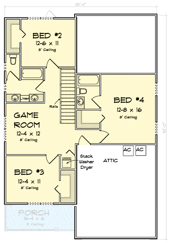 Plan 52383WM: Two-Story Traditional House Plan with Rec Room - 2305 Sq Ft - Floor Plan - 2nd Floor - Country, Traditional
