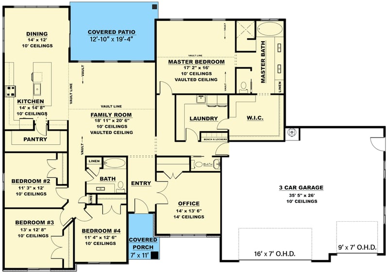 Plan 506006BRY: 4-Bed Traditional House Plan with Home Office - 2717 Sq Ft - Floor Plan - Main Level - Ranch, Traditional