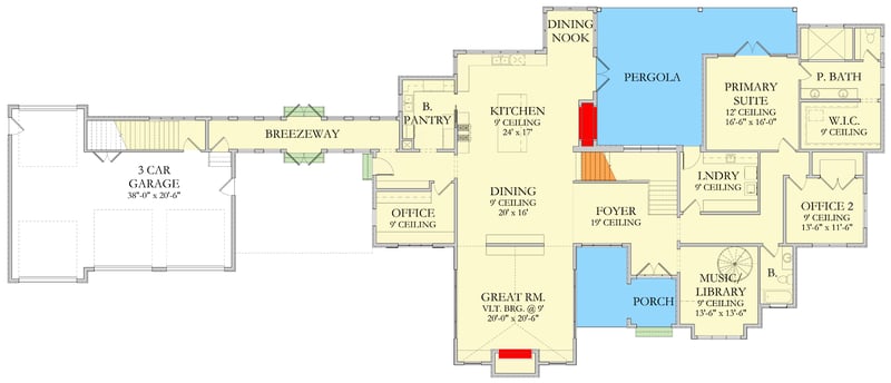 Plan 490123NAH: 5-Bed Transitional European House Plan with Attached Apartment Above Garage - 5822 Sq Ft - Floor Plan - Main Level - European, Transitional