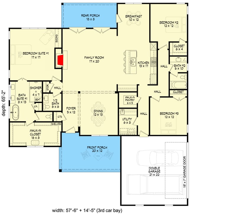 Plan 680487VR: 3-Bed Country Farmhouse Plan with Optional Garage Bay Addition - 2227 Sq Ft - Floor Plan - Main Level - Country, Farmhouse, Modern Farmhouse, Ranch, Traditional