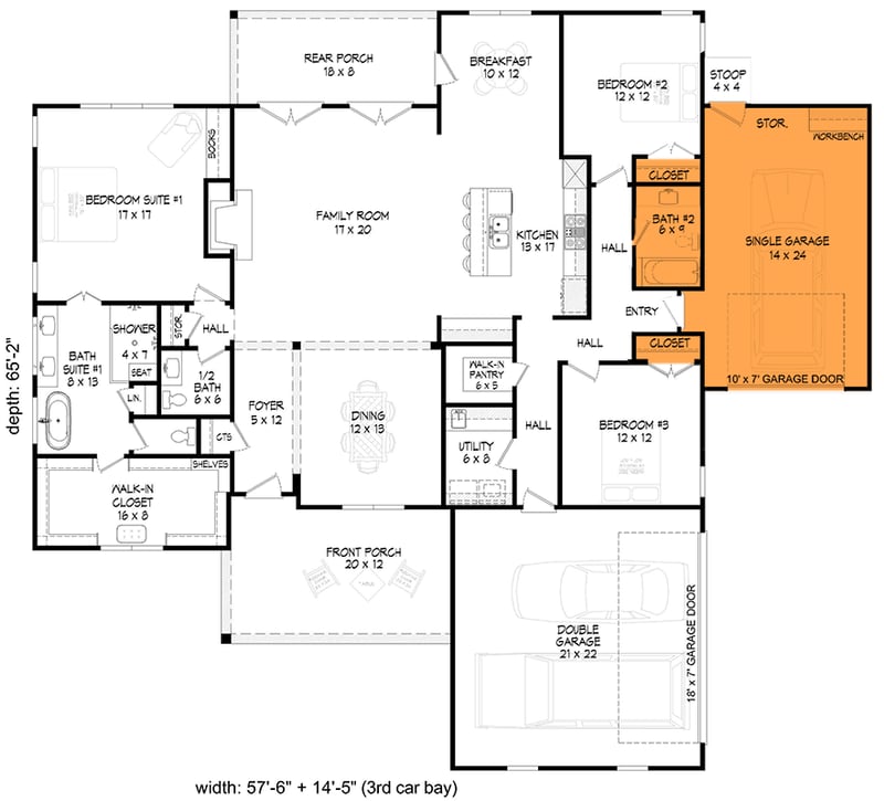 Plan 680487VR: 3-Bed Country Farmhouse Plan with Optional Garage Bay Addition - 2227 Sq Ft - Floor Plan - Optional 3rd Garage Bay + $300 - Country, Farmhouse, Modern Farmhouse, Ranch, Traditional
