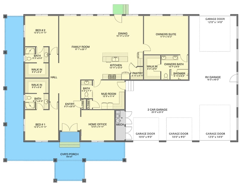 Plan 61554UT: Single-Story Country House Plan with Oversized 3-Car Garage  - 2569 Sq Ft - Floor Plan - Main Level - Country, Traditional