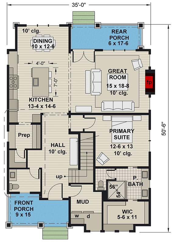 Plan 14879RK: 3-Bed Cottage House Plan with Second-Floor Loft - 2230 Sq Ft - Floor Plan - Main Level - Cottage, Country, Farmhouse, Modern Farmhouse