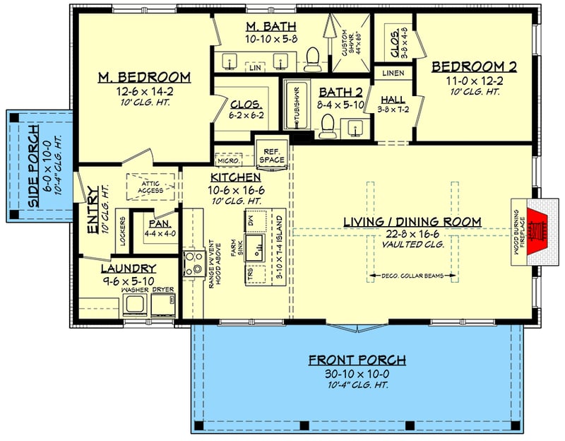 Plan 51985HZ: 2-Bed Barndominium Cottage House Plan with Vaulted Great Room - 1320 Sq Ft - Floor Plan - Main Level - Barndominium, Cottage, Country, Modern Farmhouse
