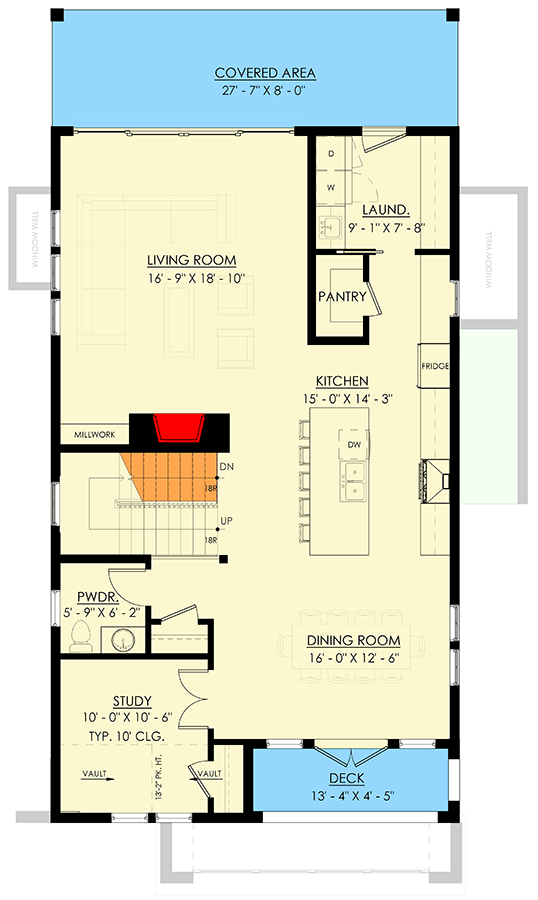 Plan 270111AF: 5-Bed Modern Colonial Cottage House Plan with Home Office - 3321 Sq Ft - Floor Plan - Main Level - Colonial, Cottage, Modern, New American, Shingle, Traditional, Transitional