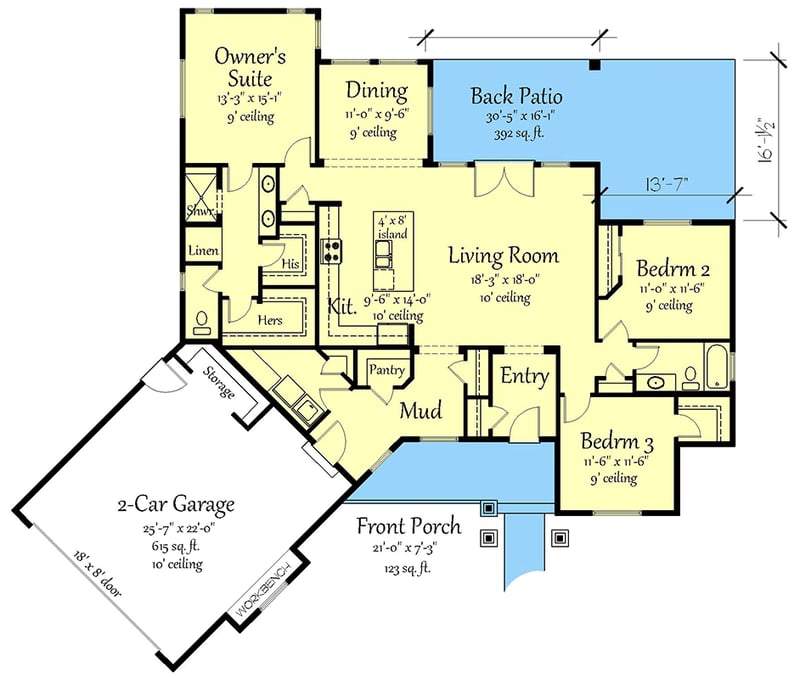 Plan 833021WAT: 3-Bed Traditional Ranch House Plan with Formal Dining Area - 1857 Sq Ft - Floor Plan - Main Level - Craftsman, Ranch, Traditional