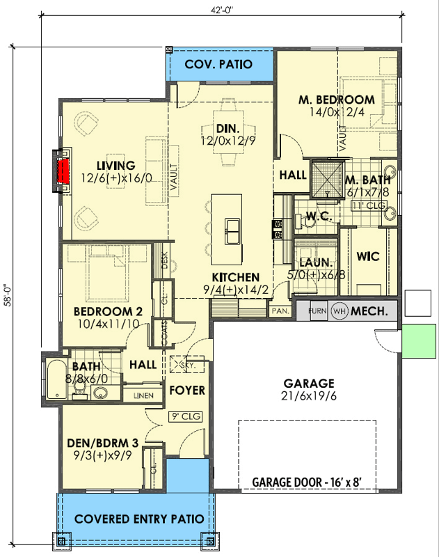 Plan 470301REY: 3-Bed Craftsman Country House Plan with Open Concept Living Under 1500 Sq Ft - Floor Plan - Main Level - Bungalow, Cottage, Craftsman