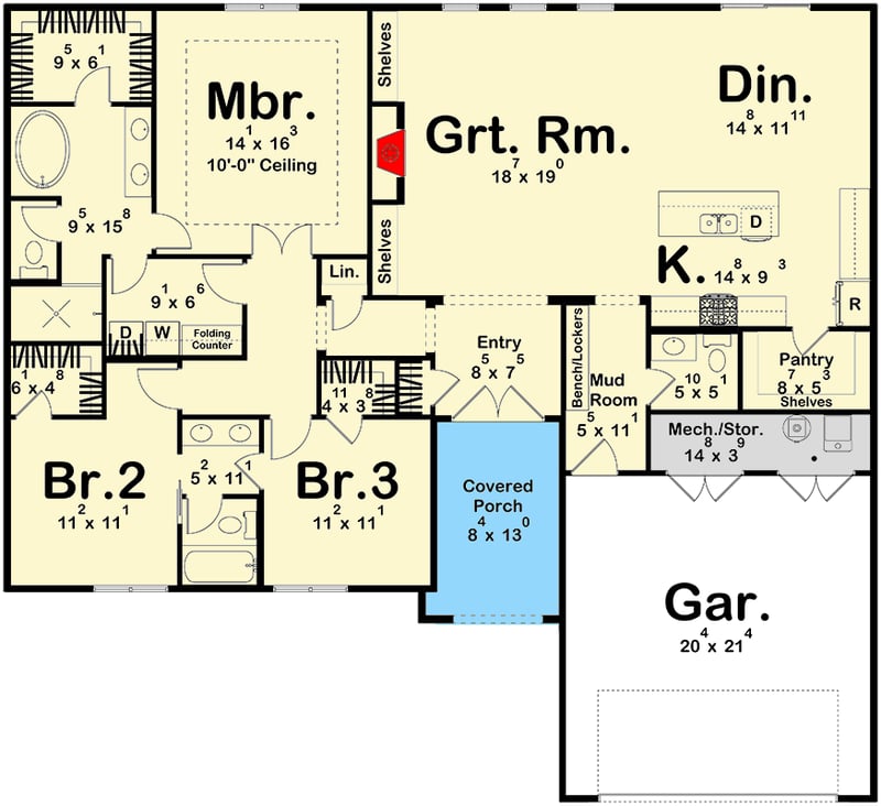 Plan 623459DJ: 3-Bed Country House Plan with Jack and Jill Bath - 1953 Sq Ft - Floor Plan - Main Level - Country, New American, Ranch, Traditional, Transitional