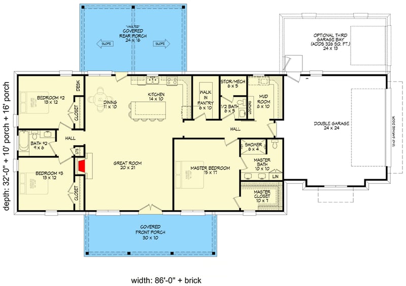 Plan 680493VR: Single-Story Country Farmhouse Plan with Split-Bedrooms - 1984 Sq Ft - Floor Plan - Main Level - Country, Farmhouse, Ranch