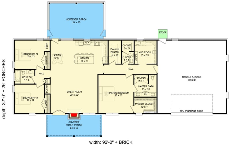 Plan 680494VR: 3-Bed Country Ranch House Plan with Rear Screened Porch - 2060 Sq Ft - Floor Plan - Main Level - Country, Ranch