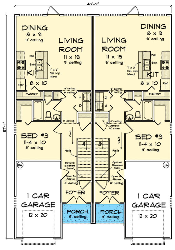 Plan 52393WM: Two-Story Contemporary Duplex with 3-Beds Per Unit Under 1400 Sq Ft - Floor Plan - Main Level - Contemporary