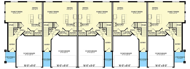 Plan 61575UT: Two-Story Five-Family House Plan with 3-Bedroom Units - 8642 Sq Ft  - Floor Plan - Main Level - Country, Traditional