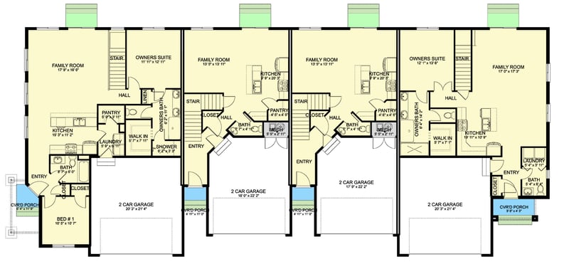Plan 61577UT: Two-Story Four-Plex House Plan with 2-Car Garage Per Unit - 5469 Sq Ft - Floor Plan - Main Level - Traditional