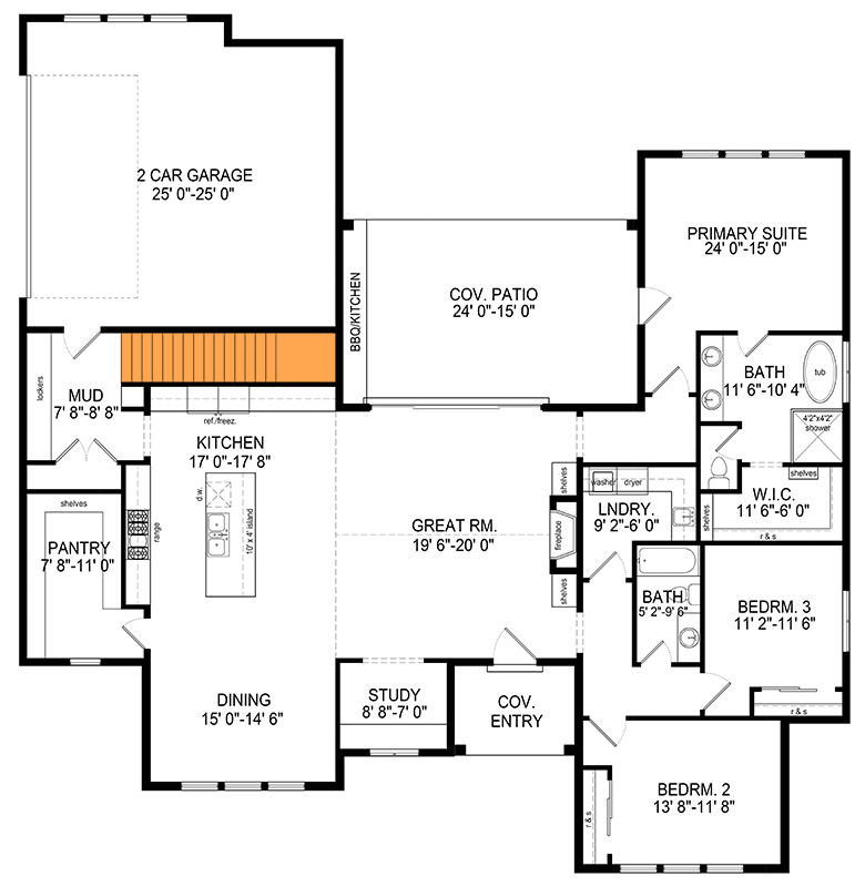 Plan 493020GNT: 3-Bed Single-Story New American House Plan with Outdoor Kitchen - 2320 Sq Ft - Floor Plan - Main Level - Basement Stairs Location - New American, Ranch