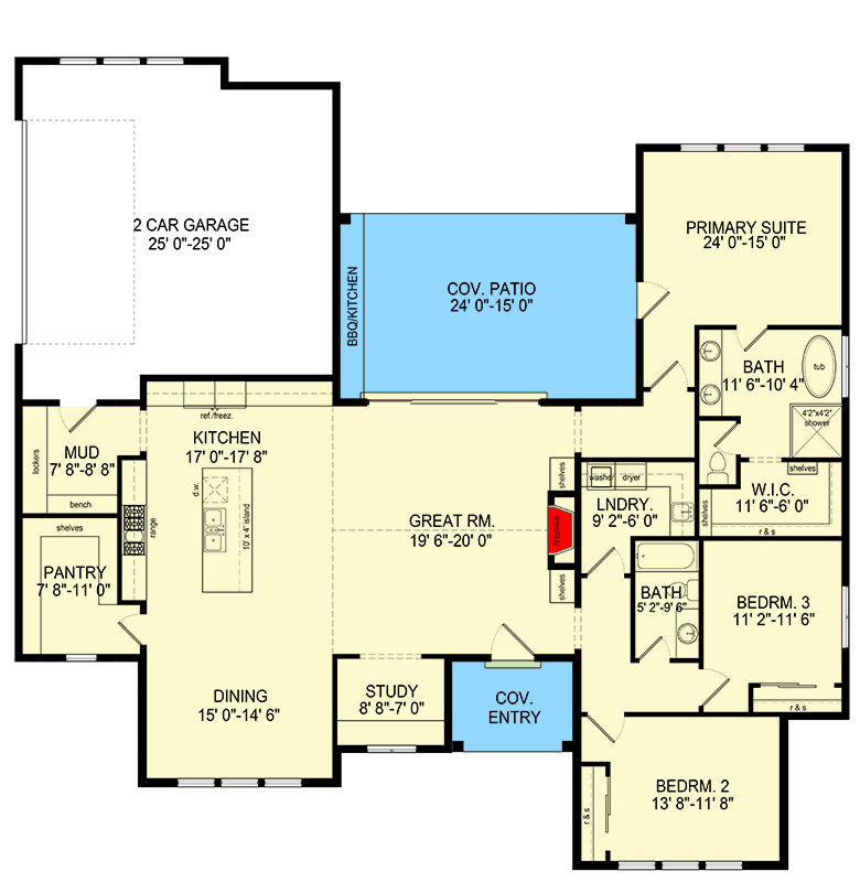 Plan 493020GNT: 3-Bed Single-Story New American House Plan with Outdoor Kitchen - 2320 Sq Ft - Floor Plan - Main Level - New American, Ranch