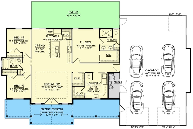 Plan 135319GRA: 3-Bed Contemporary Barndominium House Plan with 4-Car Garage - 1633 Sq Ft - Floor Plan - Main Level - Barndominium, Contemporary, Craftsman, Modern Farmhouse, New American, Ranch