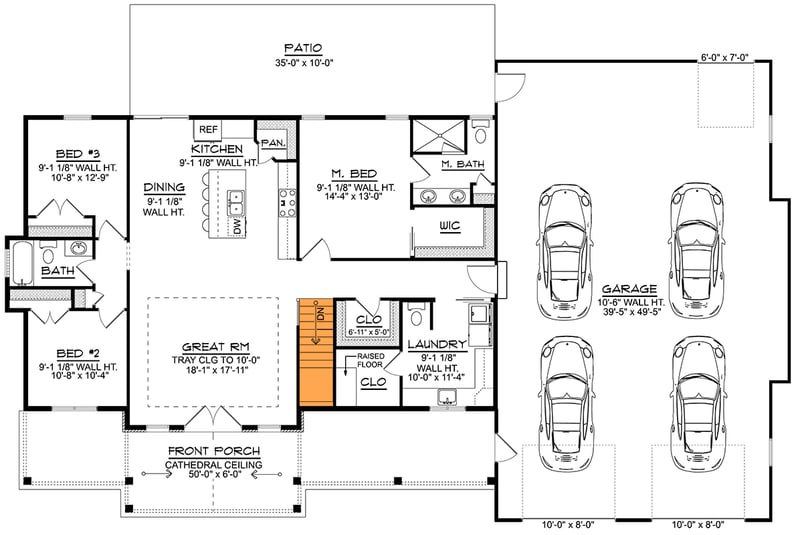 Plan 135319GRA: 3-Bed Contemporary Barndominium House Plan with 4-Car Garage - 1633 Sq Ft - Floor Plan - Basement Stairs Location - Barndominium, Contemporary, Craftsman, Modern Farmhouse, New American, Ranch