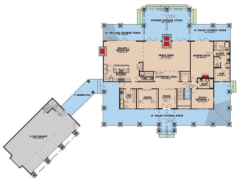 Plan 70911MK: Two-Story Shingle House Plan with Angled Garage - 5679 Sq Ft - Floor Plan - Main Level - Country, Craftsman, Shingle