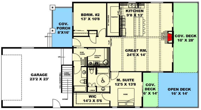 Plan 350097GH: 2-Bed Mountain Ranch House Plan with Rear Deck - 1512 Sq Ft - Floor Plan - Main Level - Craftsman, Mountain, Ranch