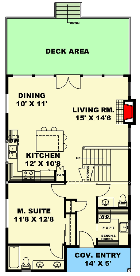Plan 350098GH: Two-Story Mountain Craftsman House Plan with Rear Deck Under 1700 Sq Ft - Floor Plan - Main Level - Craftsman, Mountain
