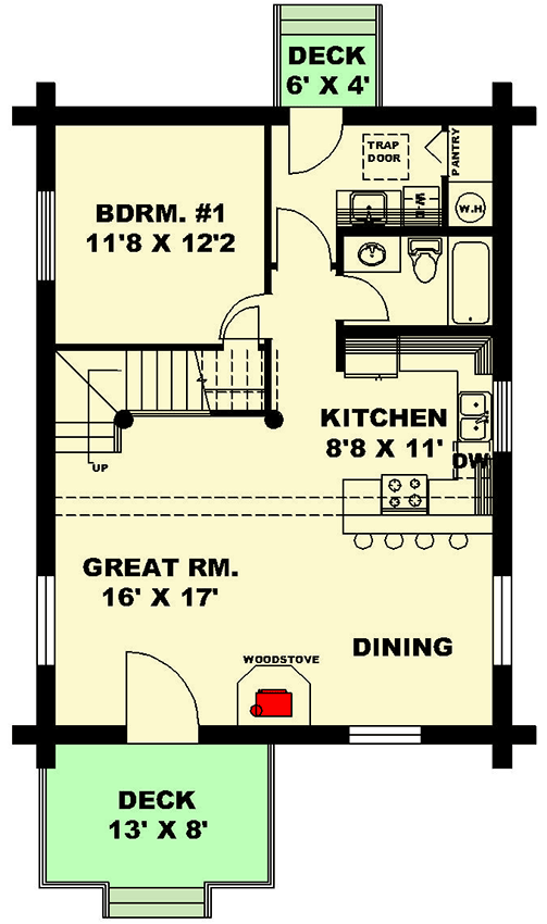 Plan 350101GH: Two-Story Log Cabin House Plan with Second Level Loft - 1405 Sq Ft - Floor Plan - Main Level - Cabin, Log Cabin
