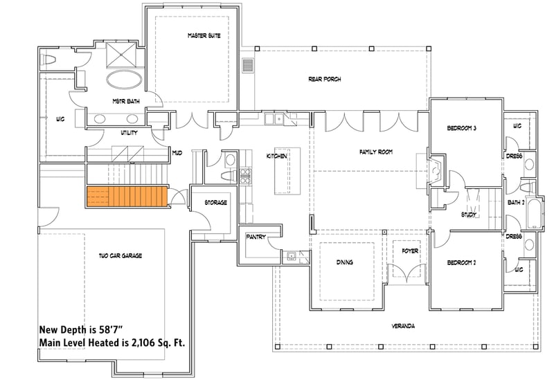 Plan 16933WG: 3-Bed Modern Farmhouse Plan with Vaulted Family Room - 2093 Sq Ft - Floor Plan - Basement Stairs Location - Country, Farmhouse, Modern Farmhouse, New American