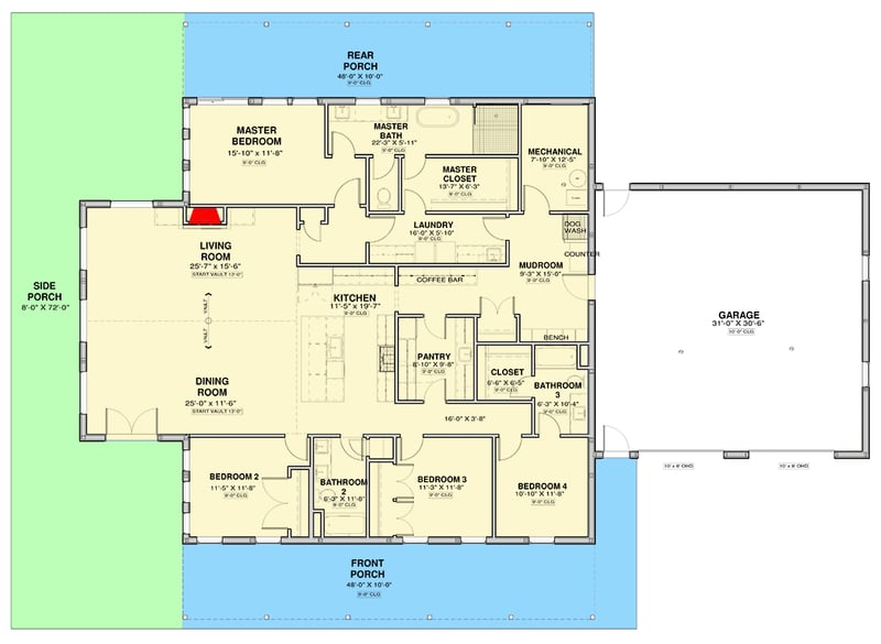 Plan 600012PDZ: 4-Bed Farmhouse Plan with Vaulted Great Room - 2836 Sq Ft - Floor Plan - Main Level - Barndominium, Country, Modern Farmhouse, Ranch