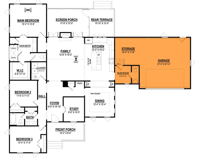 Plan 83673CRW: 3-Bed Contemporary House Plan with Formal Dining - 2015 Sq Ft - Floor Plan - Optional 2-Car Front Garage (+$350) - Contemporary, Cottage, Modern