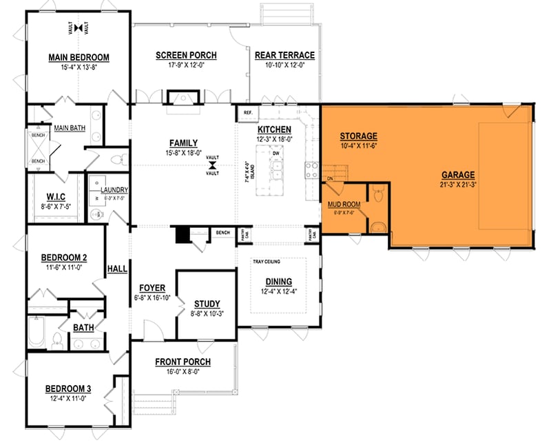 Plan 83673CRW: 3-Bed Contemporary House Plan with Formal Dining - 2015 Sq Ft - Floor Plan - Optional 2-Car Side Garage (+$350) - Contemporary, Cottage, Modern