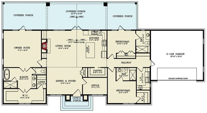 Plan 12336JL: 3-Bed Single-Story Farmhouse with Home Office - 2197 Sq Ft - Floor Plan - Main Level - Farmhouse, Modern Farmhouse, Ranch, Transitional
