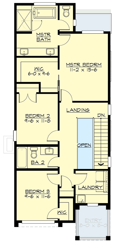 Plan 23992JD: Two-Story Narrow Contemporary House Plan with 3-Bedrooms Upstairs - 1708 Sq Ft - Floor Plan - 2nd Floor - Contemporary, Modern