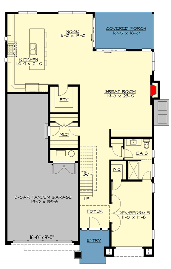 Plan 23997JD: 5-Bed Contemporary Northwest House Plan with Finished Bonus Room Above - 3719 Sq Ft - Floor Plan - Main Level - Contemporary, Modern, Northwest