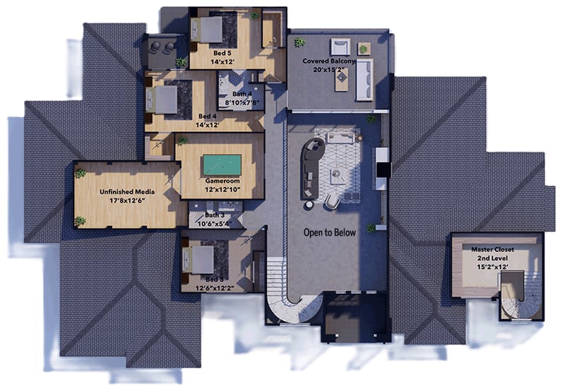 Plan 430103LY: 5-Bed Mediterranean House Plan with Outdoor Kitchen - 5017 Sq Ft - Floor Plan - 2nd Floor - Mediterranean, Tuscan