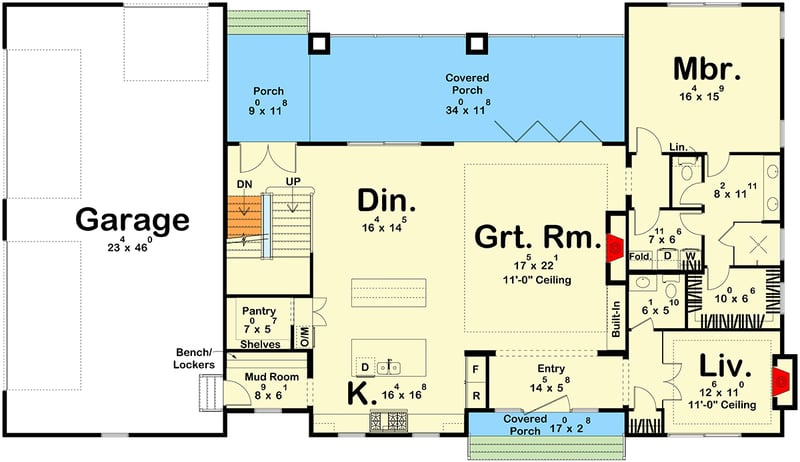Plan 623472DJ: Two-Story Scandinavian House Plan with Jack and Jill Bathrooms - 3359 Sq Ft - Floor Plan - Main Level - Contemporary, Modern, Scandinavian