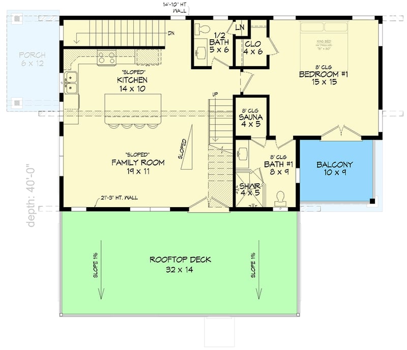 Plan 680510VR: Contemporary 3-Story Modern House Plan with Rooftop Deck and Sauna - 2147 Sq Ft - Floor Plan - 2nd Floor - Contemporary, Mid Century Modern, Modern, Mountain, Vacation